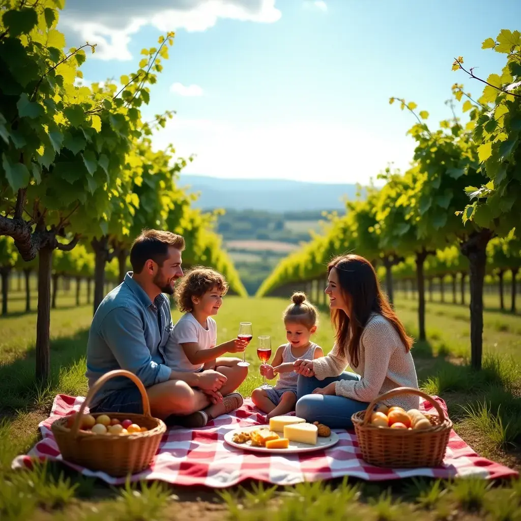 Стол, накрытый для обеда на свежем воздухе среди виноградников.